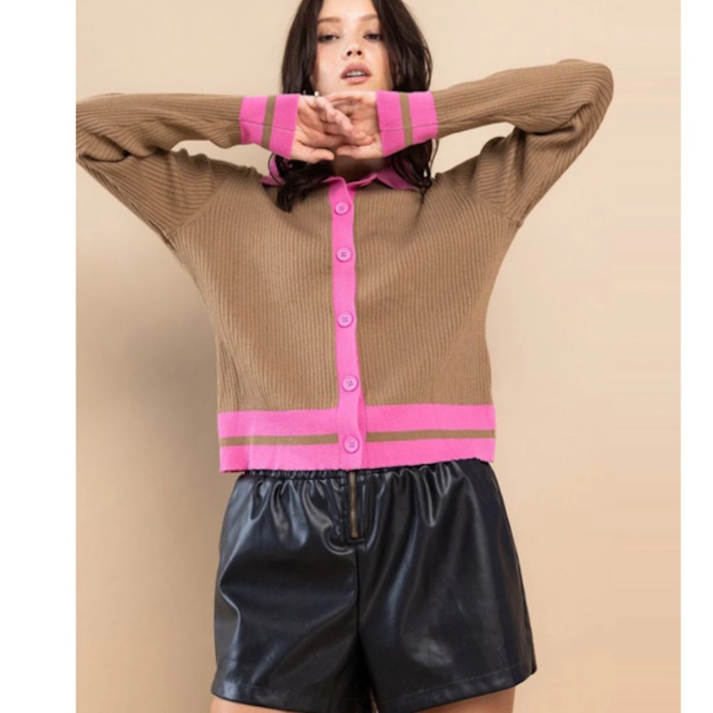 Ces Femme Brown Cardigan with Pink Trim
